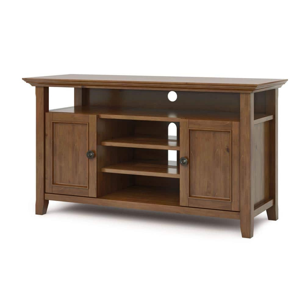 Simpli Home Amherst Wood TV Media Stand in Saddle Brown