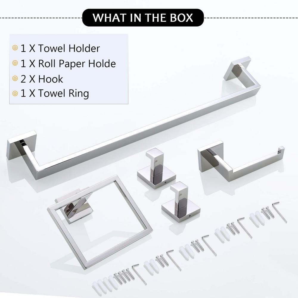 5-Piece Bathroom Hardware Accessories Set, 23.6" Towel Bar Towel Rack Sets Modern Towel Ring Kit Stainless Steel Wall Mounted (Chrome)