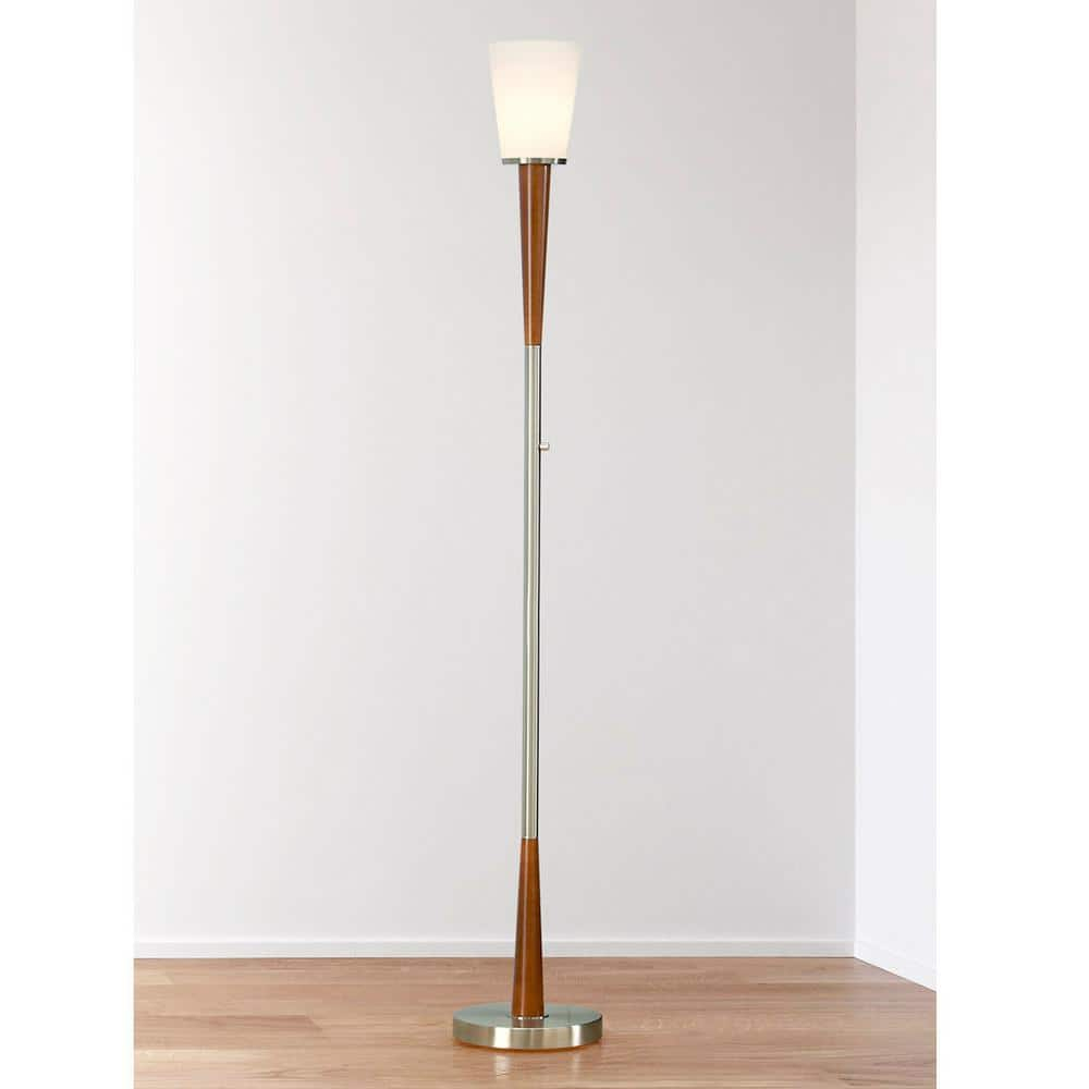 HomeGlam  Century 72" Wood Torchiere Floor Lamp, Dimmer with LED Bulb Brushed Nickel Nickel Brushed