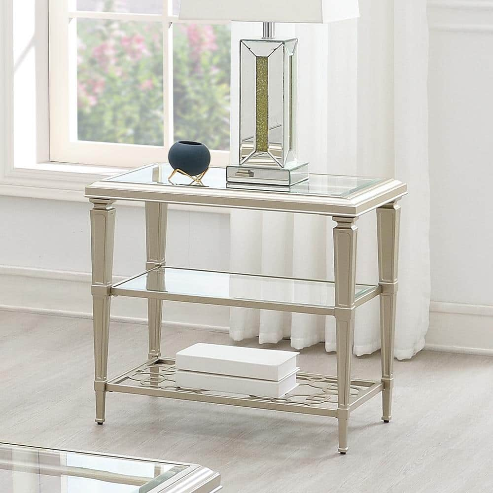 ACME Zaba Metal and Tempered Glass Rectangular End Table in Silver and Clear