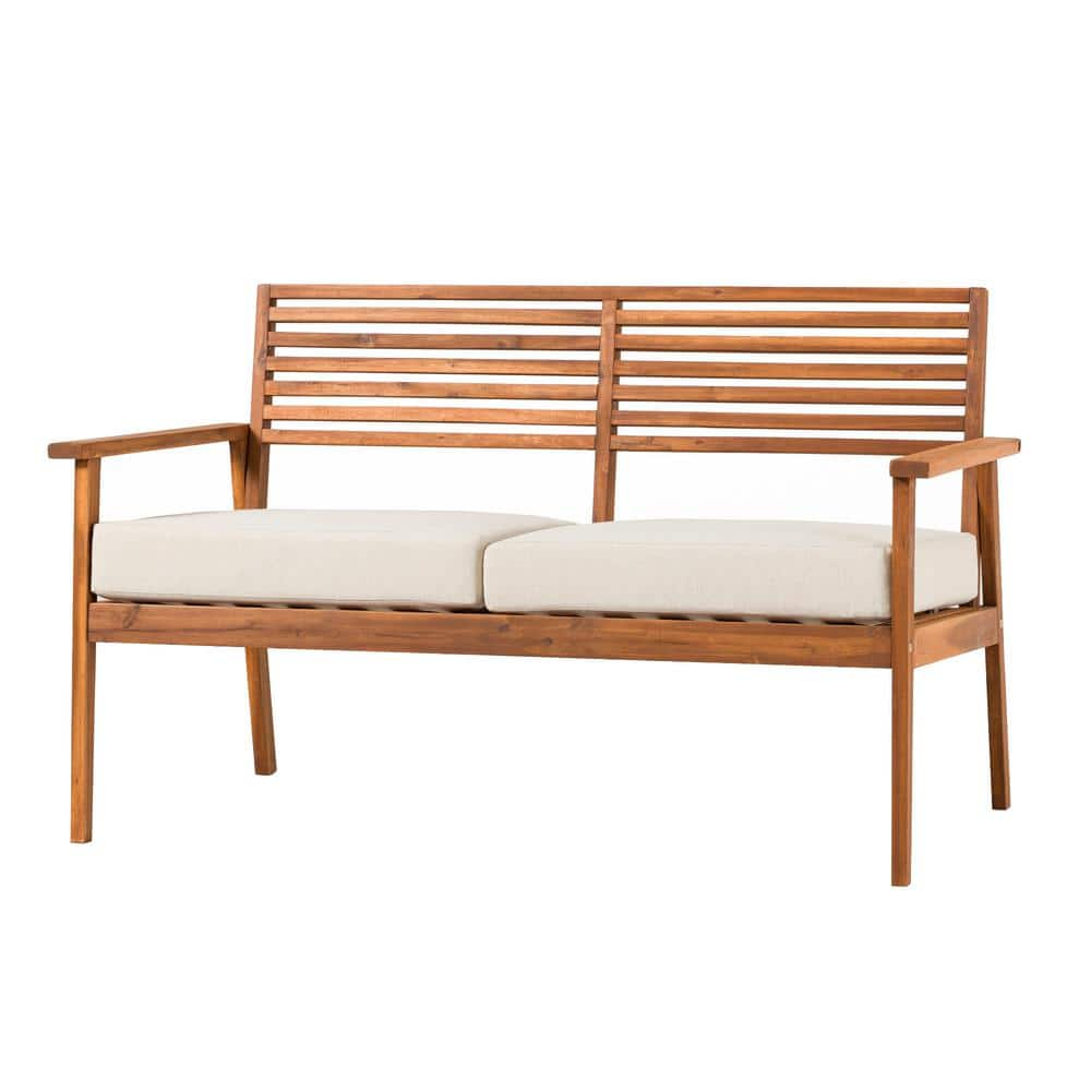 Modern Brown Solid Acacia Wood Outdoor Loveseat with Cushions