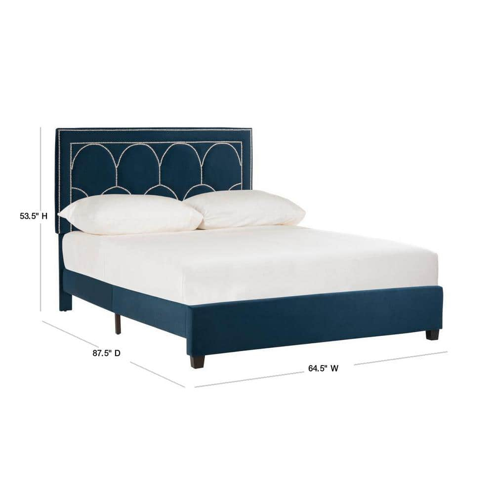 SAFAVIEH Solania Glam Upholstered Bed Frame with Nail Head, Queen, Navy