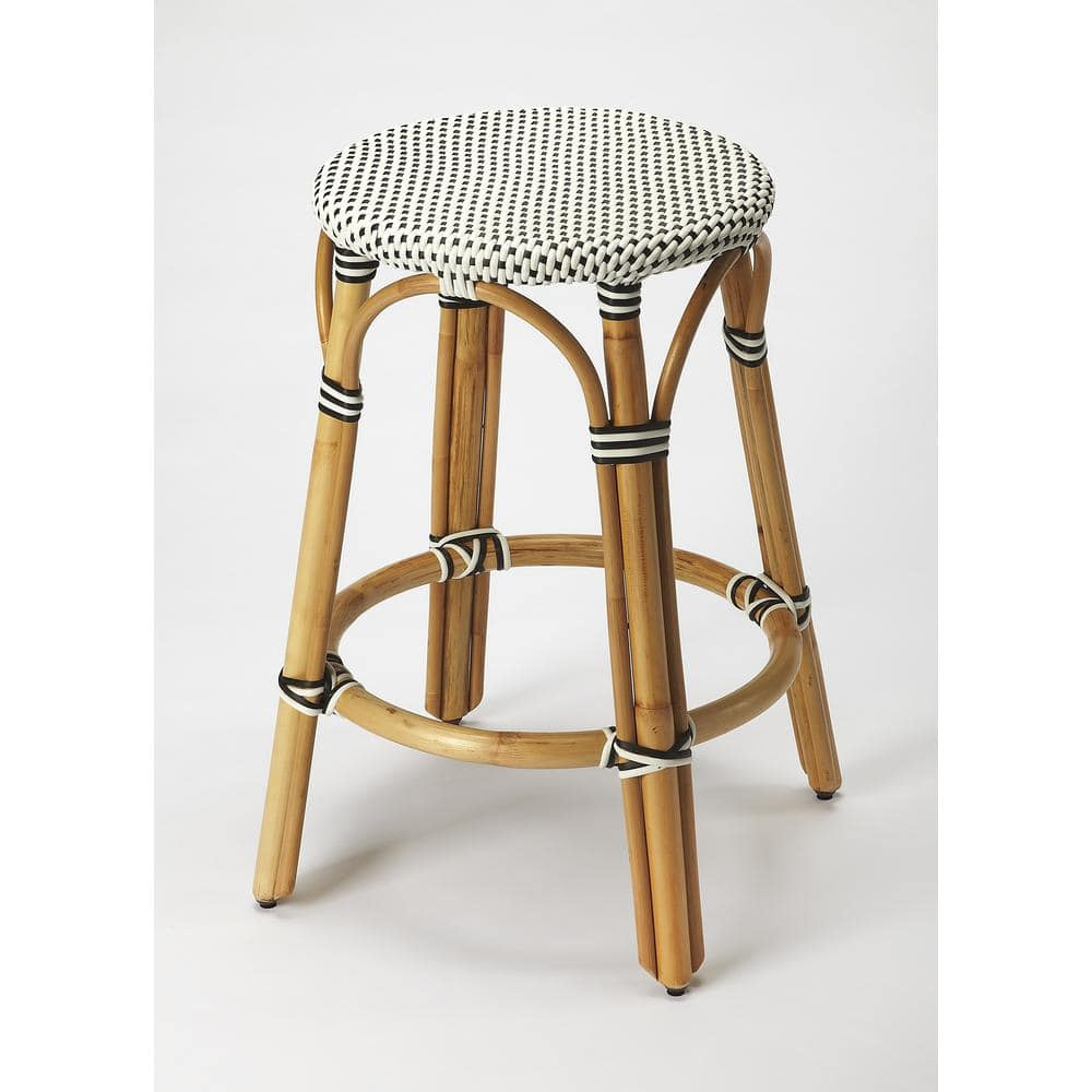 Butler Specialty Rattan Bar Stool Chair in Black With Round Seat & Footrest