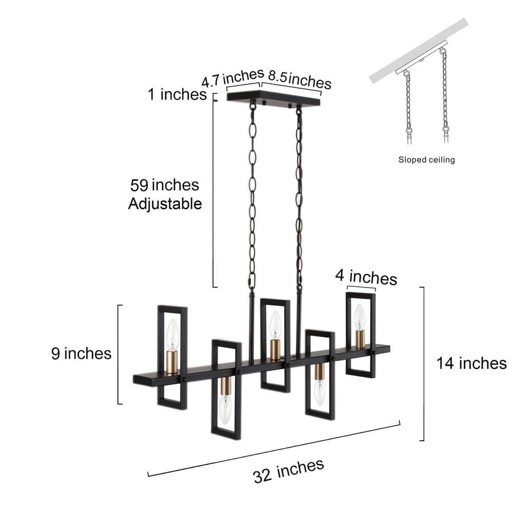 Uolfin Modern Rectangle Dining Table Chandelier Transitional 5-Light Black and Brass Kitchen Island Candlestick Chandelier