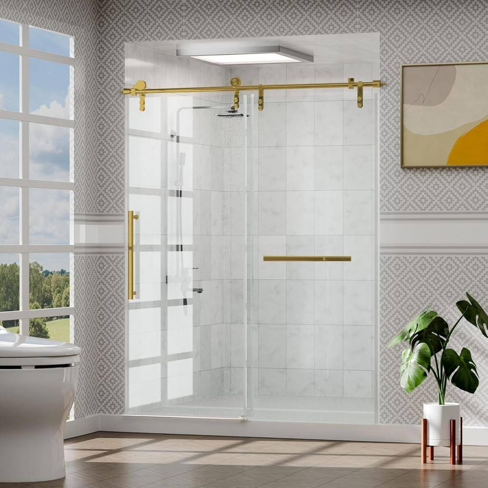 Gotland Frameless Shower Door 56-60" W × 76" H, Sliding Shower Doors with Stainless Steel Handle, Glass Shower Door with 5/16" Clear Tempered Glass