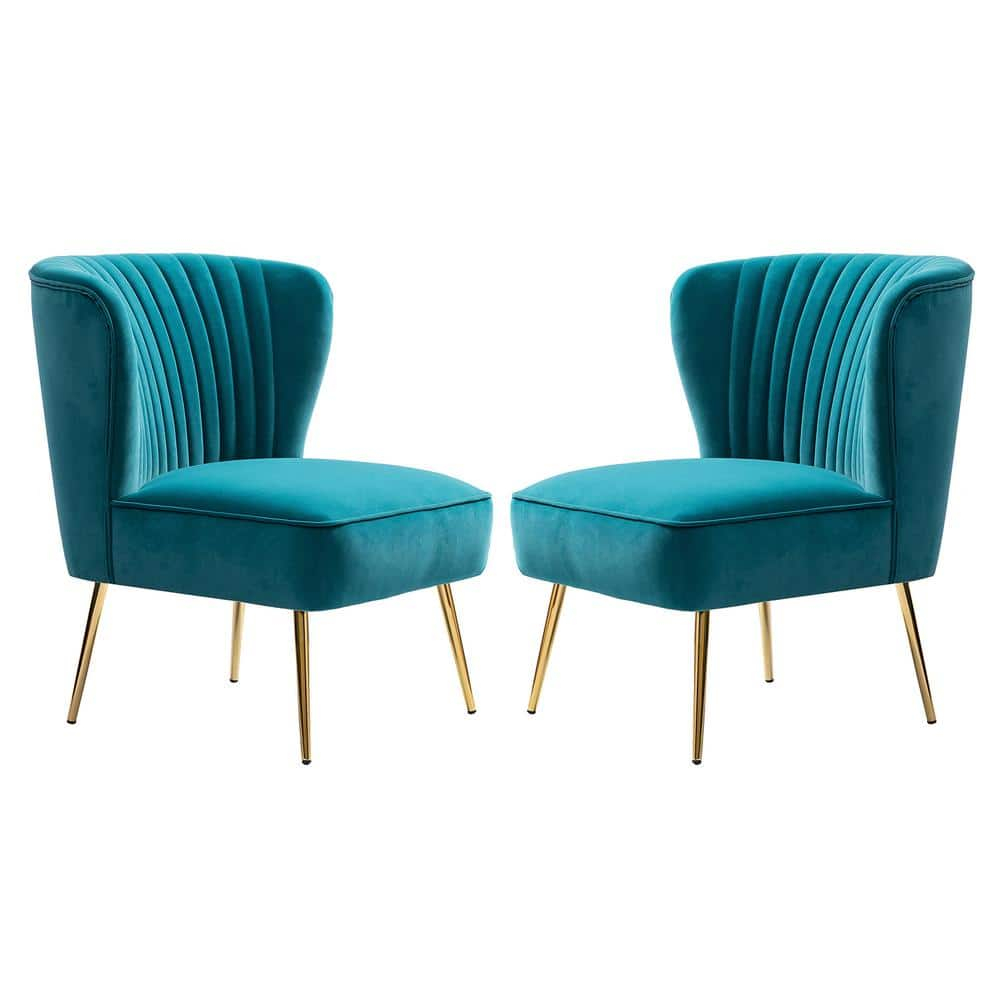 Velvet Accent Chair Set of 2 Upholstered Adult Side Chairs Gold Leg Home Bedroom Blue