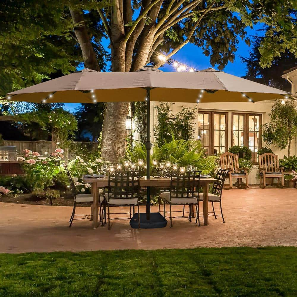 15 ft. Taupe Steel Double-Sided Market Patio Umbrella with Lights