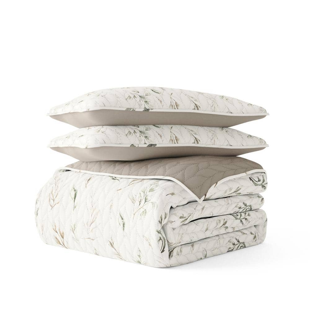 Noble Linens Latte 3 Piece Watercolor Leaves/Stripe Reversible Microfiber Quilt Set, Queen / Full