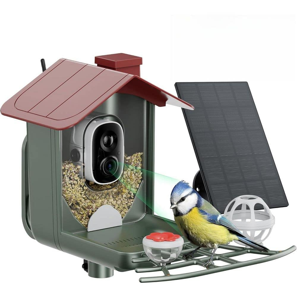 Solar-Powered Green and Red Bird Feeder with 2K HD Camera