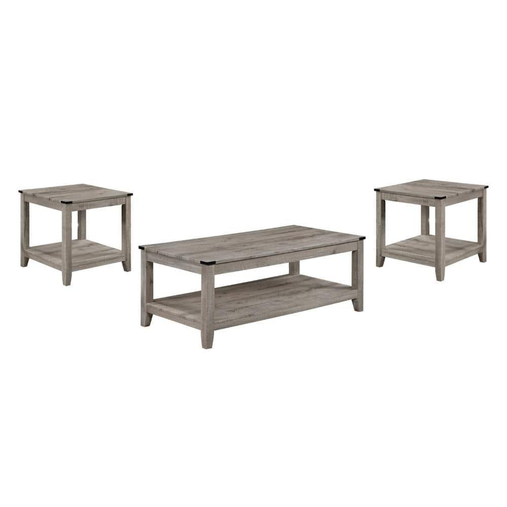 Benjara Hilton 3 Piece Coffee and End Table Set, Wood, Storage Shelf, Beige Finish