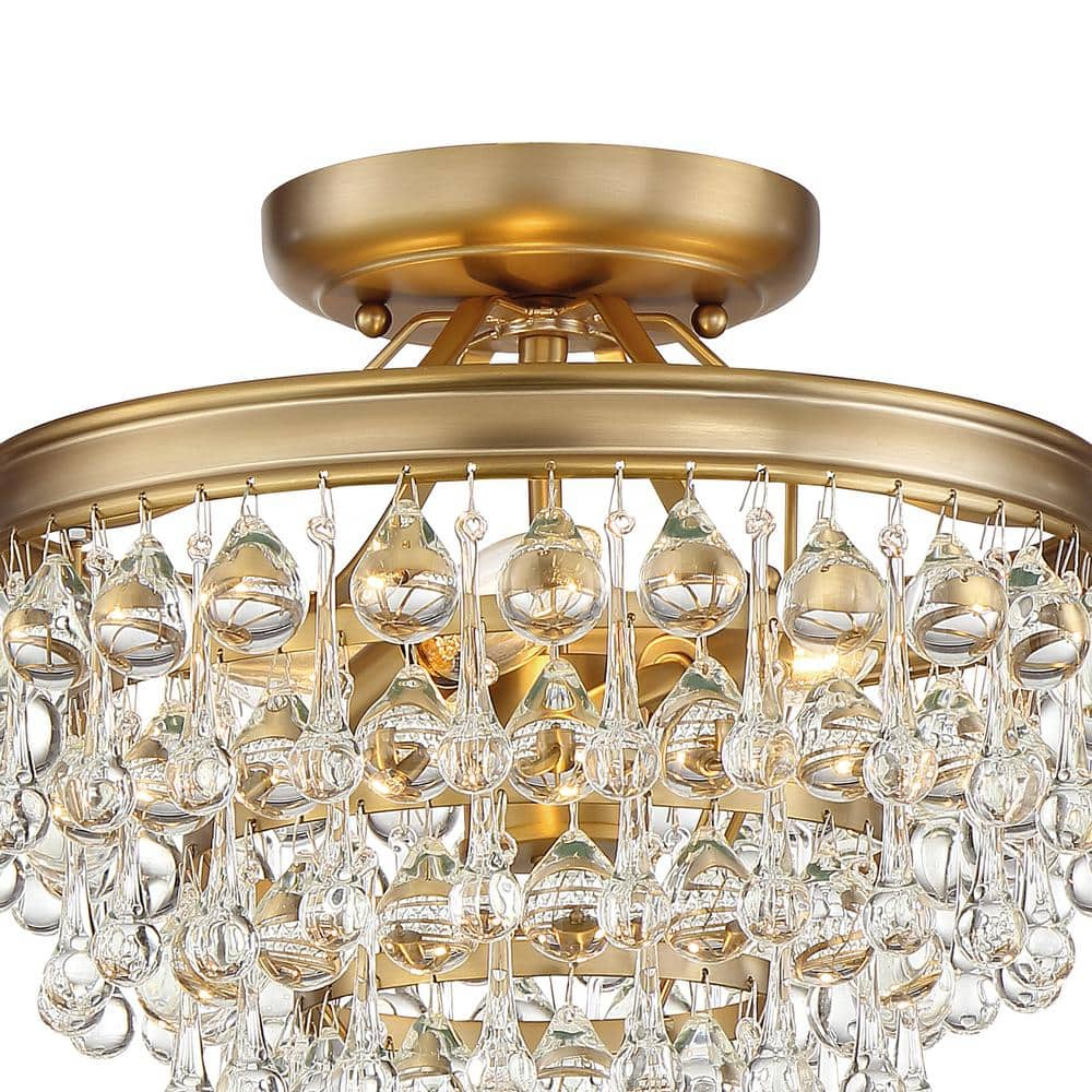 Vibrant Gold Crystal 3-Light Ceiling Mount with Clear Glass Drops