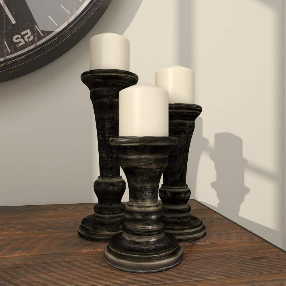 DecMode 3 Candle Black Mango Wood Candle Holder, Set of 3