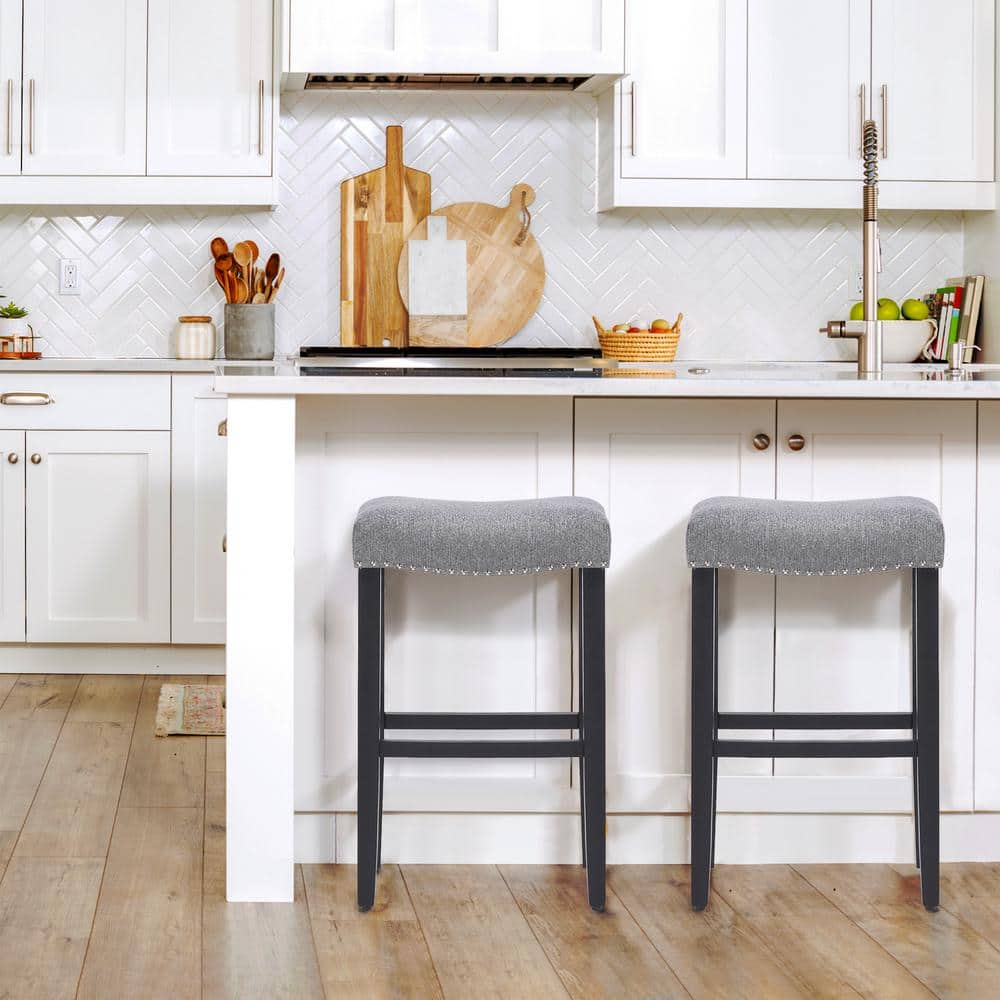 Polytrends Jameson Upholstered Polyester Black 29 Inch Bar Stool (Set Of 2) Black/Gray Metal Metal Upholstered Polyester Glam