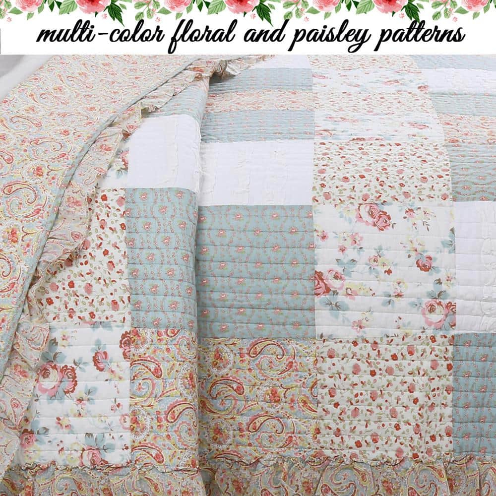 Cozy Line Home Fashions 100% Cotton Real Patchwork Floral Coral Pink Ruffled Shabby Chic Girly Reversible Quilt Bedding Set, Coverlet Bedspread (Sweet Roses, Queen - 3 Piece)