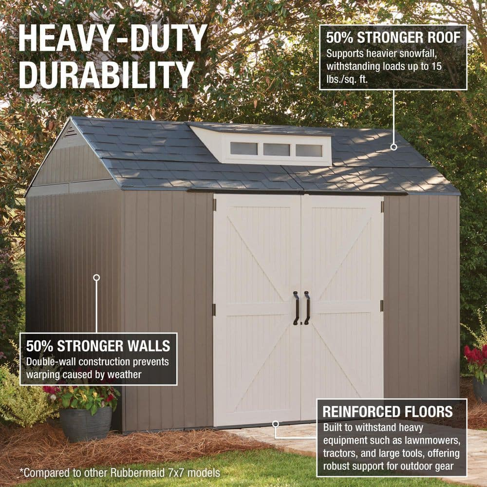 Rubbermaid Extra Large Resin Outdoor Storage Shed With Floor (7 x 10.5 Ft.) Weather Resistant Brown Organization for Home/Lawn Mower/Backyard Equipment/Bike Storage/Pool Supplies