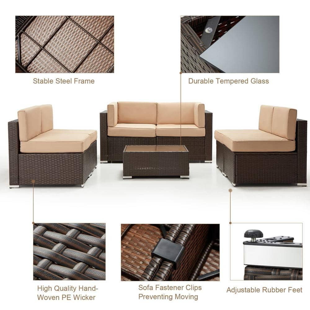 U-MAX 7 Piece Outdoor Patio Furniture Set, PE Rattan Wicker Sofa Set, Outdoor Sectional Furniture Chair Set with Cushions and Tea Table, Brown