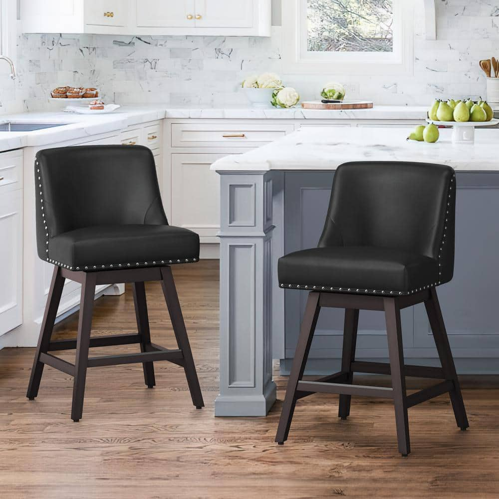 Dycanpo 26''H Swivel Bar Stools with Back Sets of 2 Faux Leather for Home Kitchen Island, Black