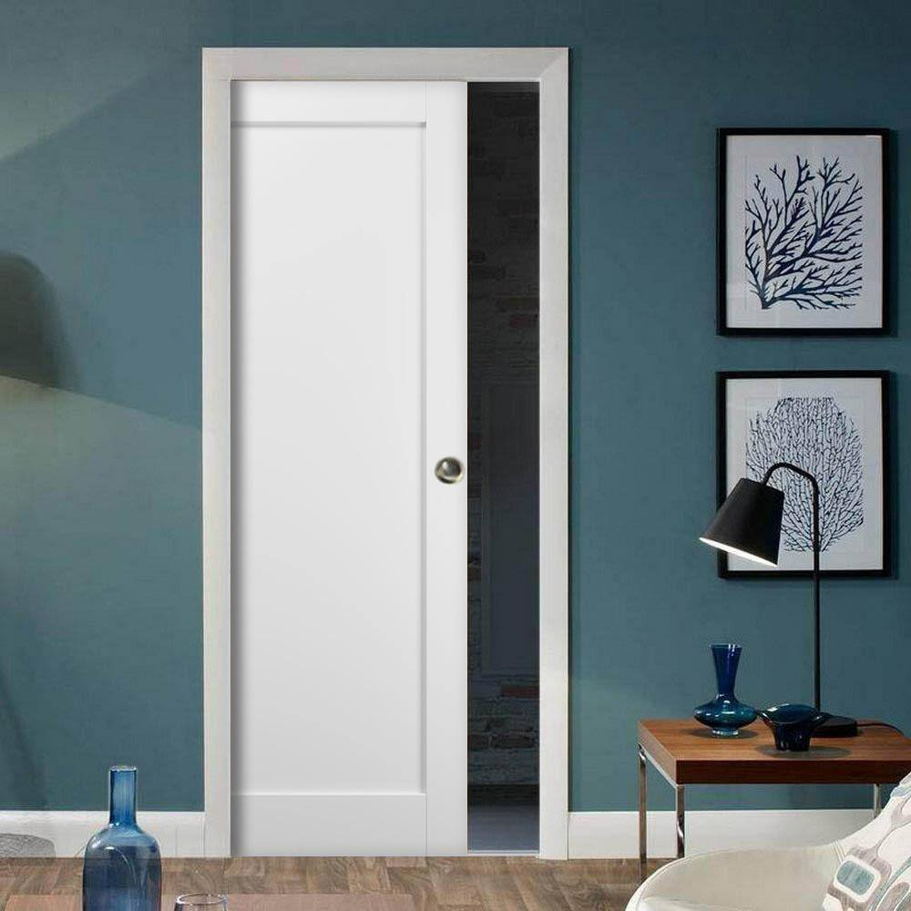 White Solid Oak Prehung Pocket Door with Steel Hardware