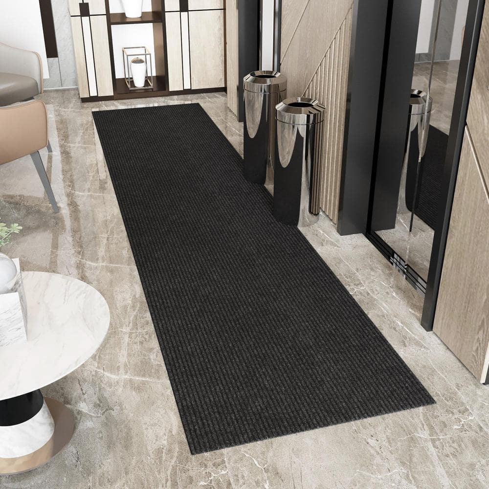 Sweet Home Stores Custom Size Waterproof Non-Slip Rubberback 3x25 Indoor/Outdoor Utility Runner Rug, 2'7" x 25', Black