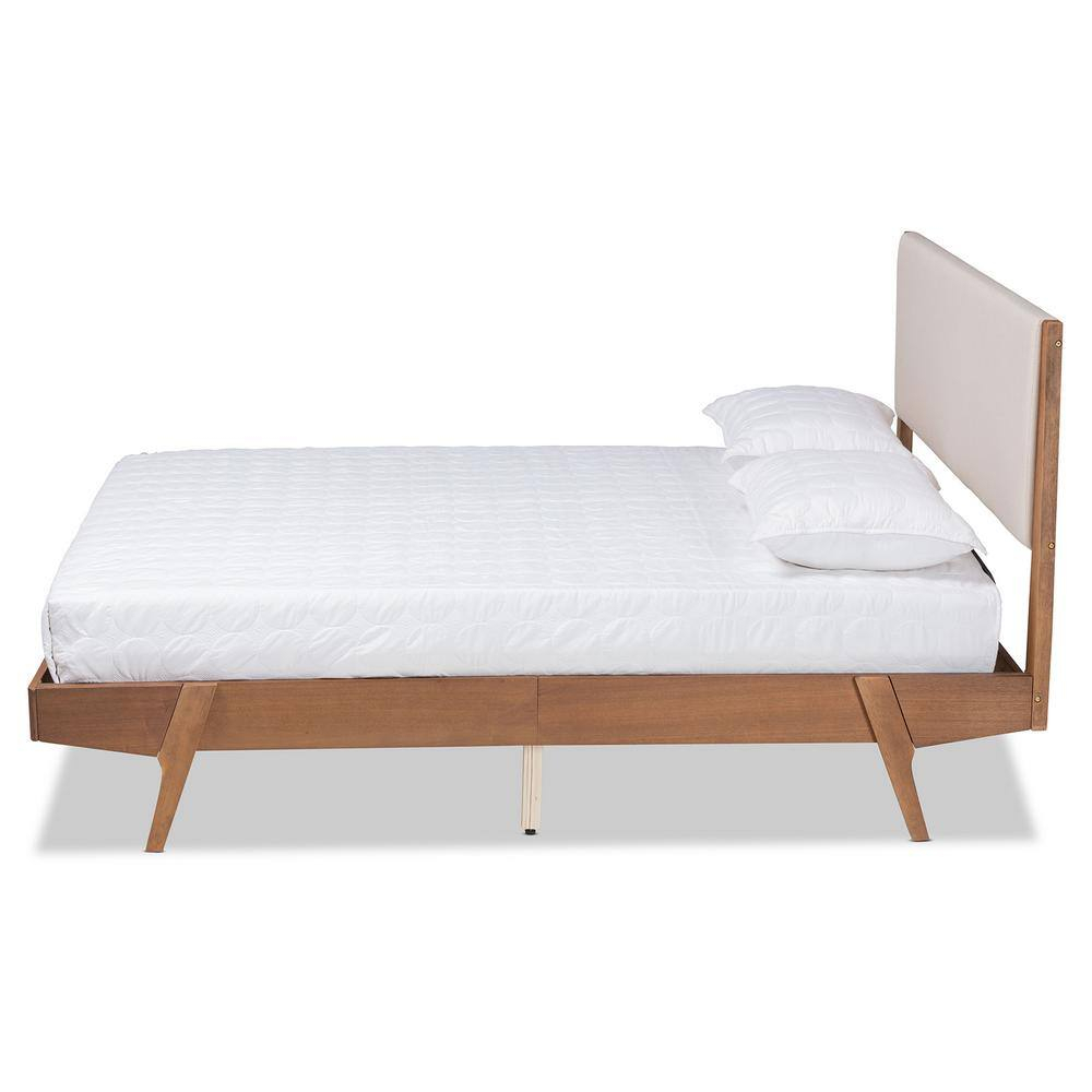 Baxton Studio Senna Mid-Century Modern Beige Fabric Upholstered and Walnut Brown Finished Wood Queen Size Platform Bed