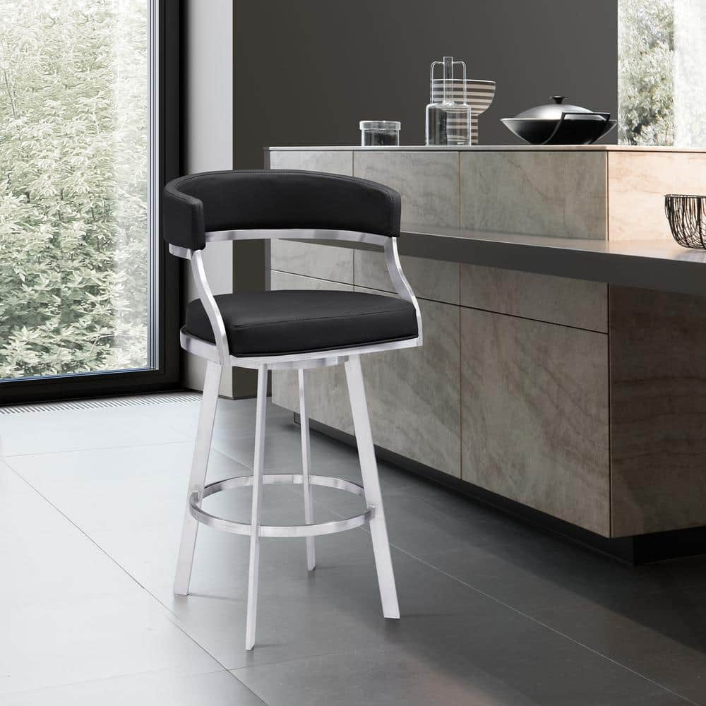Dione 30" Seat Height Swivel Black Faux Leather and Brushed Stainless Steel Bar Stool for Kitchen Island Counter