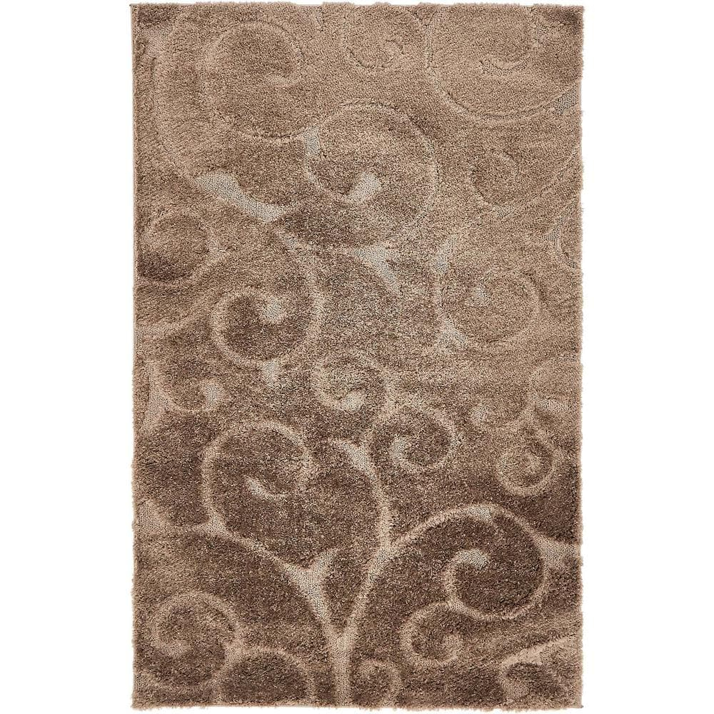 Brown Floral Shag Synthetic Rectangular Area Rug 5' x 8'