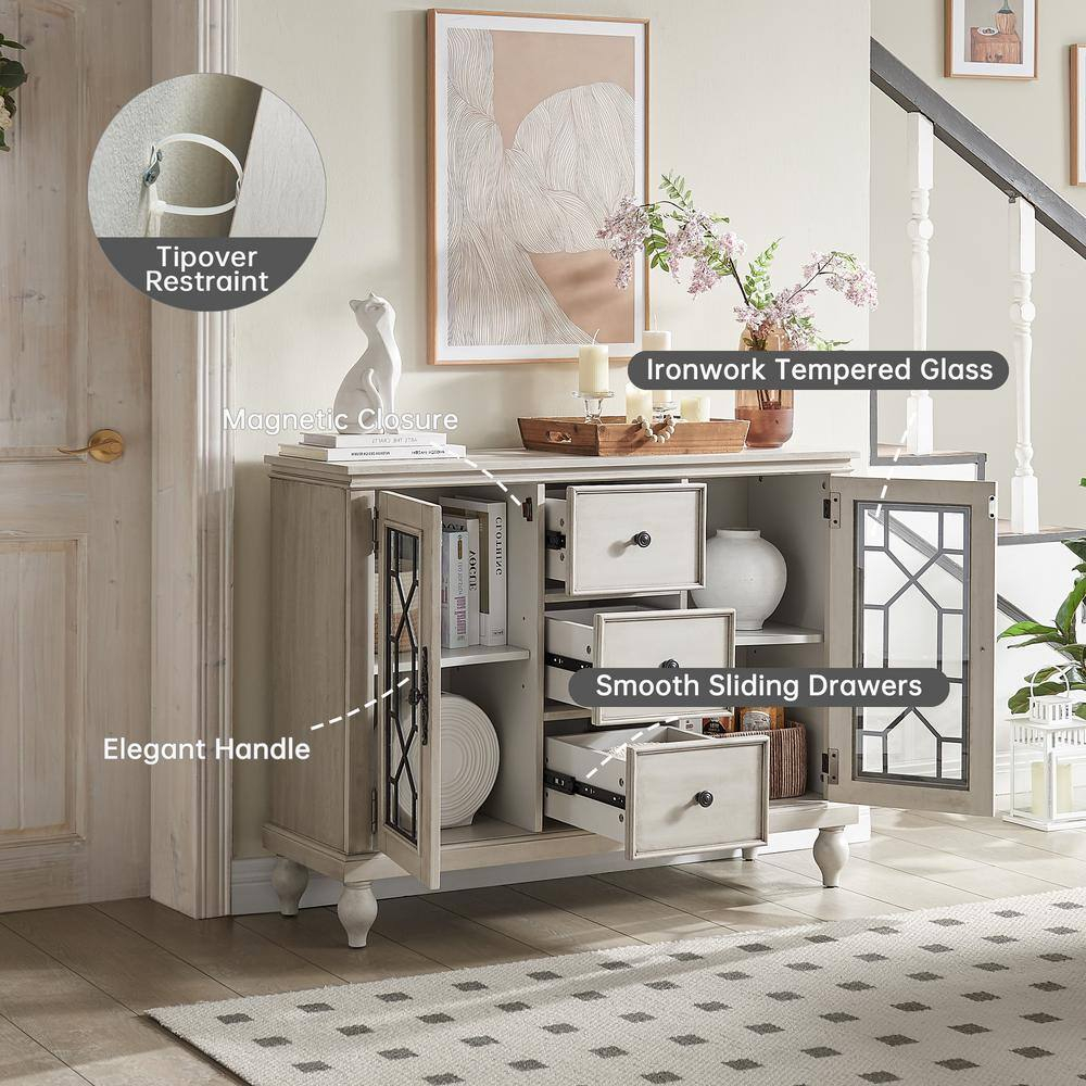 Antique White Wood 45 in. Kitchen Sideboard Buffet with 3 Storage Drawer Dining Room Cabinet Serving Wine Cupboard