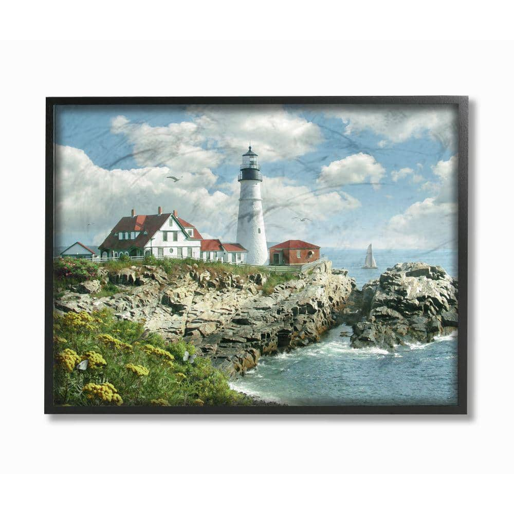 The Stupell Home Decor Collection Portland Head Lighthouse Scene Grassy Ocean Side Peninsula with Sail Boat Framed Giclee Texturized Art