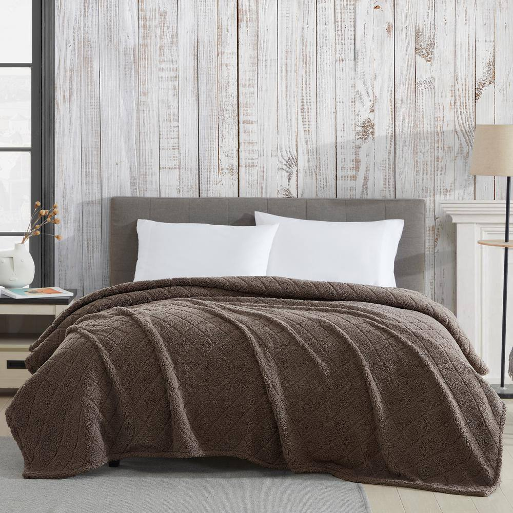 Cathay Home Coleman Oversize Diamond Quilted Teddy Sherpa Fleece Throw Blanket/Bedspread - Home, Sofa, Couch, Outdoor, Travel, Stadium, Sports, Camping, Hiking - Charcoal Brown, Full/Queen (90"x90")