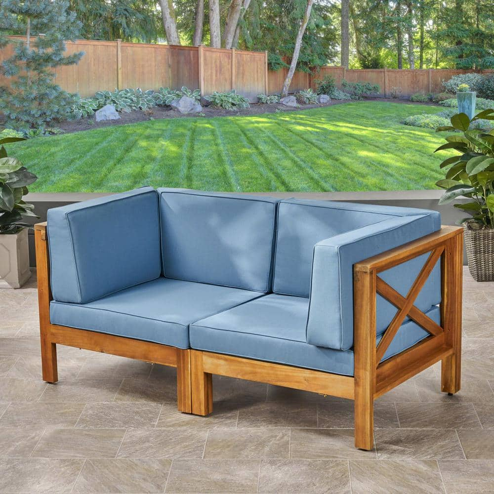 Luella Outdoor Modular Sectional Acacia Wood Loveseat with Cushions, Teak, Blue