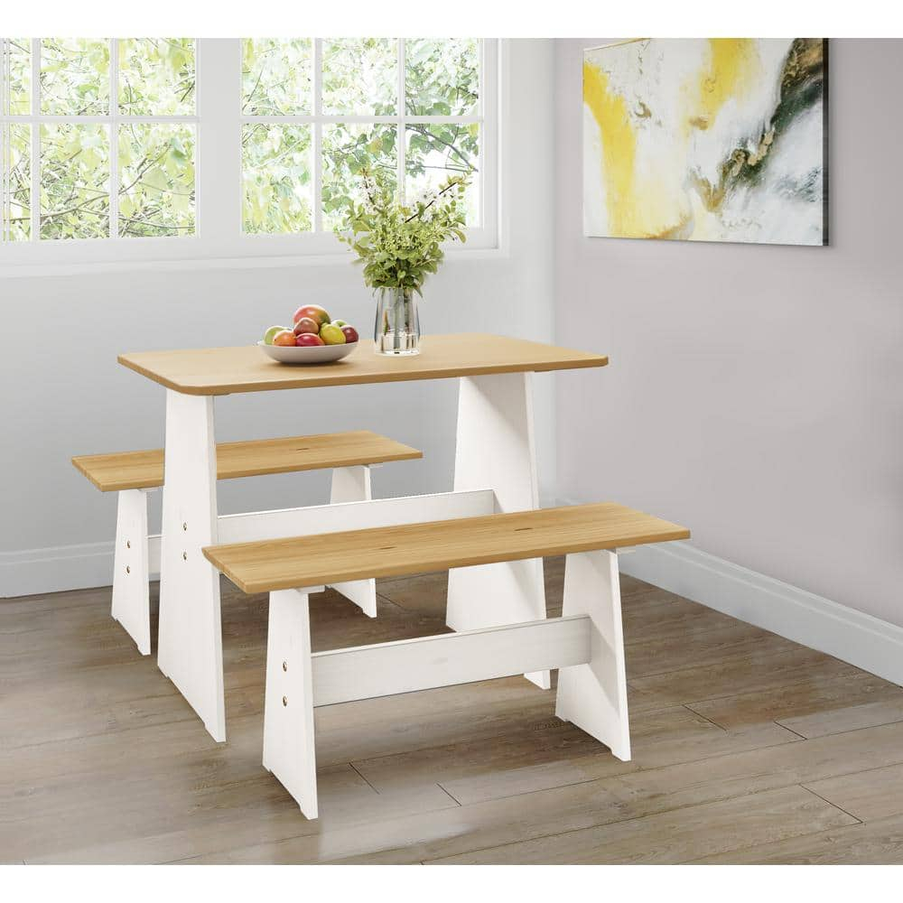 Urban Home Furniture Chapman 3 Piece Casual Dining 2-Tone Natural/White Solid Pine Wood Kitchen Table Set with 2 Benches, Kitchen Dining Set