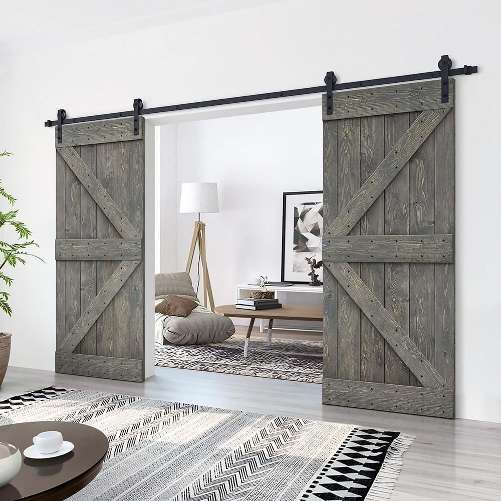 84 in Weather Gray Knotty Pine Wood Double Sliding Barn Door with Hardware Kit