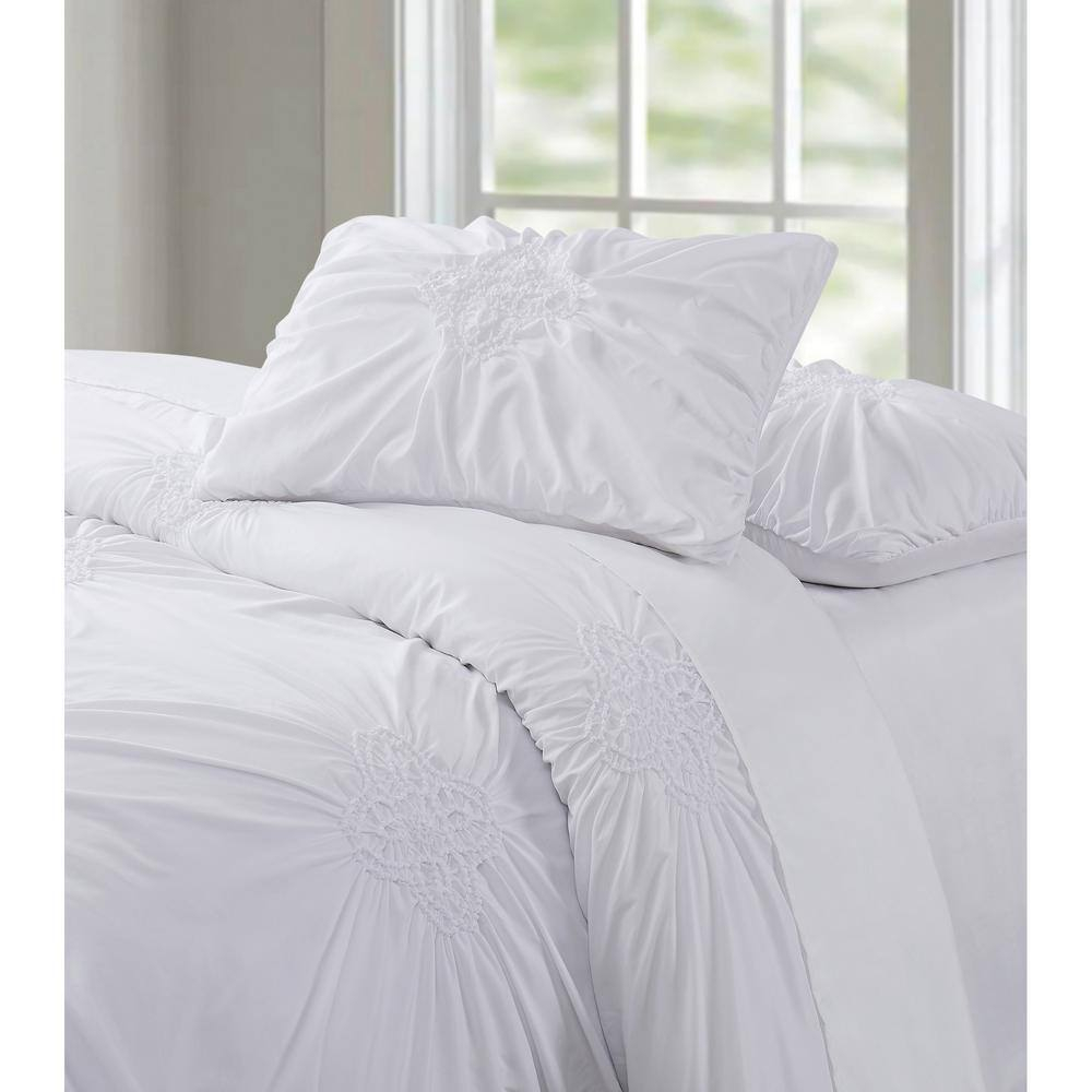 White Microfiber King Ruffled Duvet Cover Set with Shams
