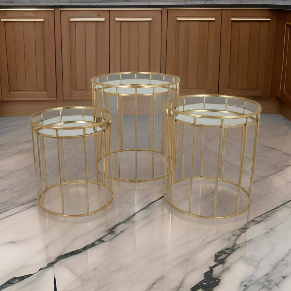 Benjara 20 Inch Plant Stand Table Set of 3, Gold Metal Frame, Mirror Tray Top