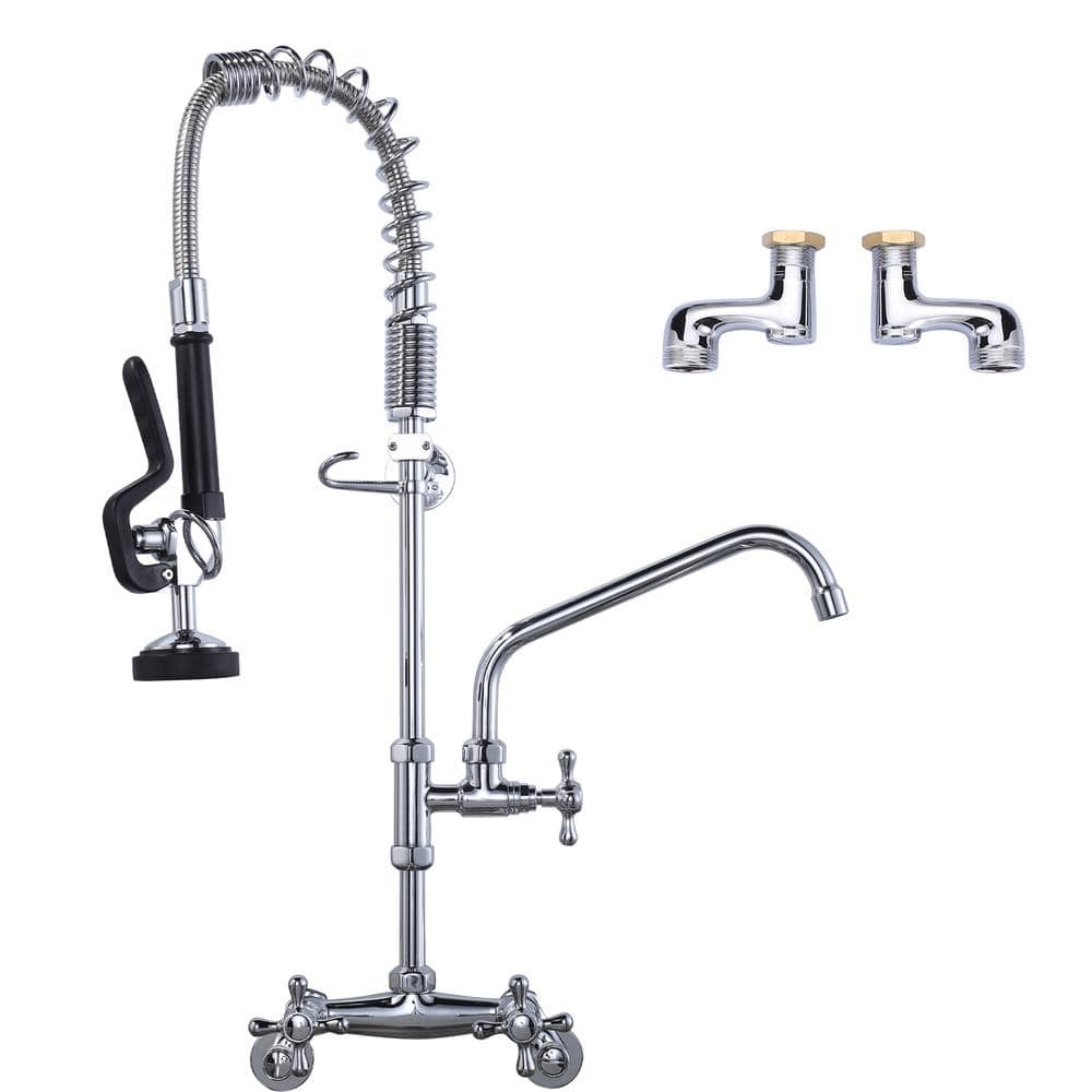 26 in. Commercial 3-Handle Pull Down Kitchen Faucet Wall Mount with Pre Rinse Sprayer in Chrome