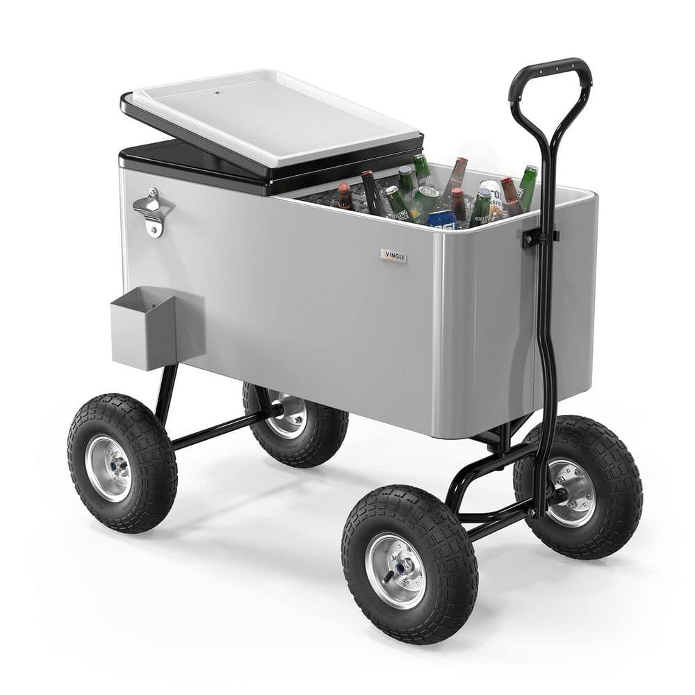 VINGLI 80qt. Wagon Rolling Cooler Ice Chest w/Long Handle and 10" Wheels, Patio Cooler, Outdoor Park Cart on Wheels
