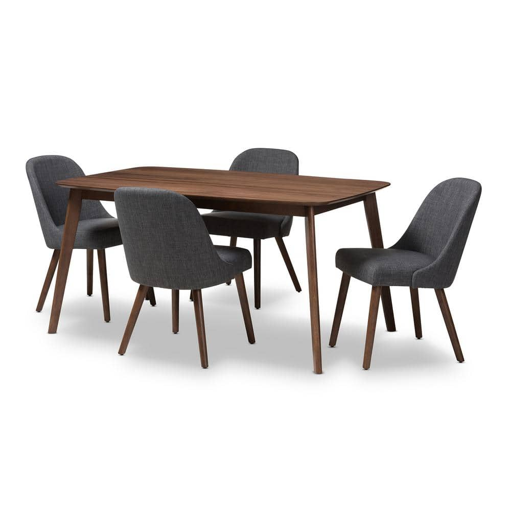 Baxton Studio Cody Mid-Century Modern Fabric Upholstered Walnut Finished Wood 5-Piece Dining Set, Multiple Colors