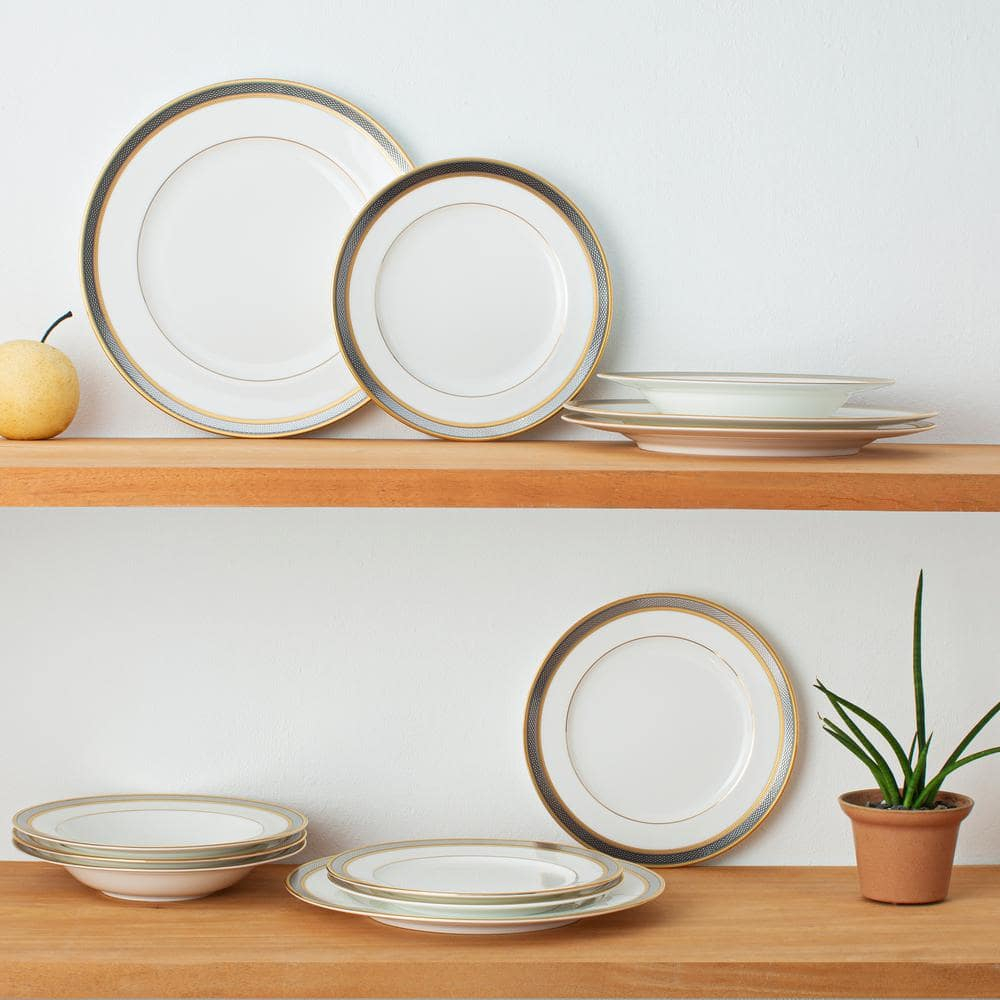 Brilliance White Porcelain 12-Piece Dinnerware Set with Gold and Platinum Etchings