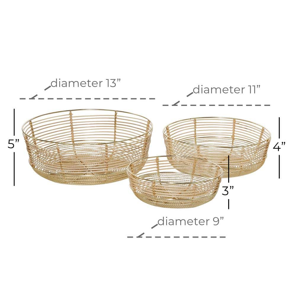 DecMode 9", 11", 13"W Round Wire Gold Metal Decorative Bowl, Set of 3