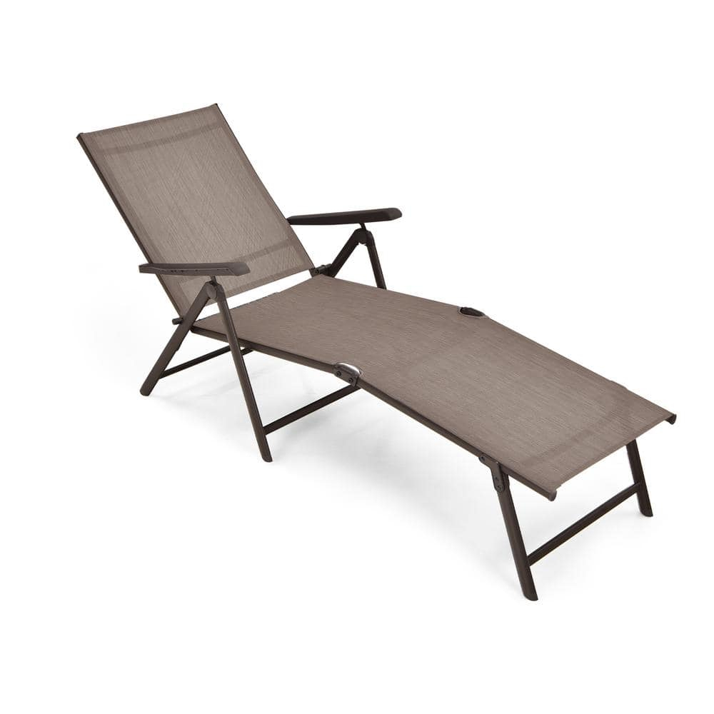 YOJFOTOOUQYUAN. 5 Stages Adjustable Patio Folding Lounge Chair Metal Outdoor Sling Fabric Recliner Chaise for Beach Yard Pool, 2 Pack,Brown