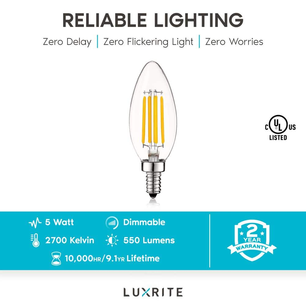 Luxrite 5W E12 Vintage Candelabra LED Dimmable Light Bulbs, 60W Equivalent 2700K Warm White, 550 Lumens, Blunt Tip, 24-Pack