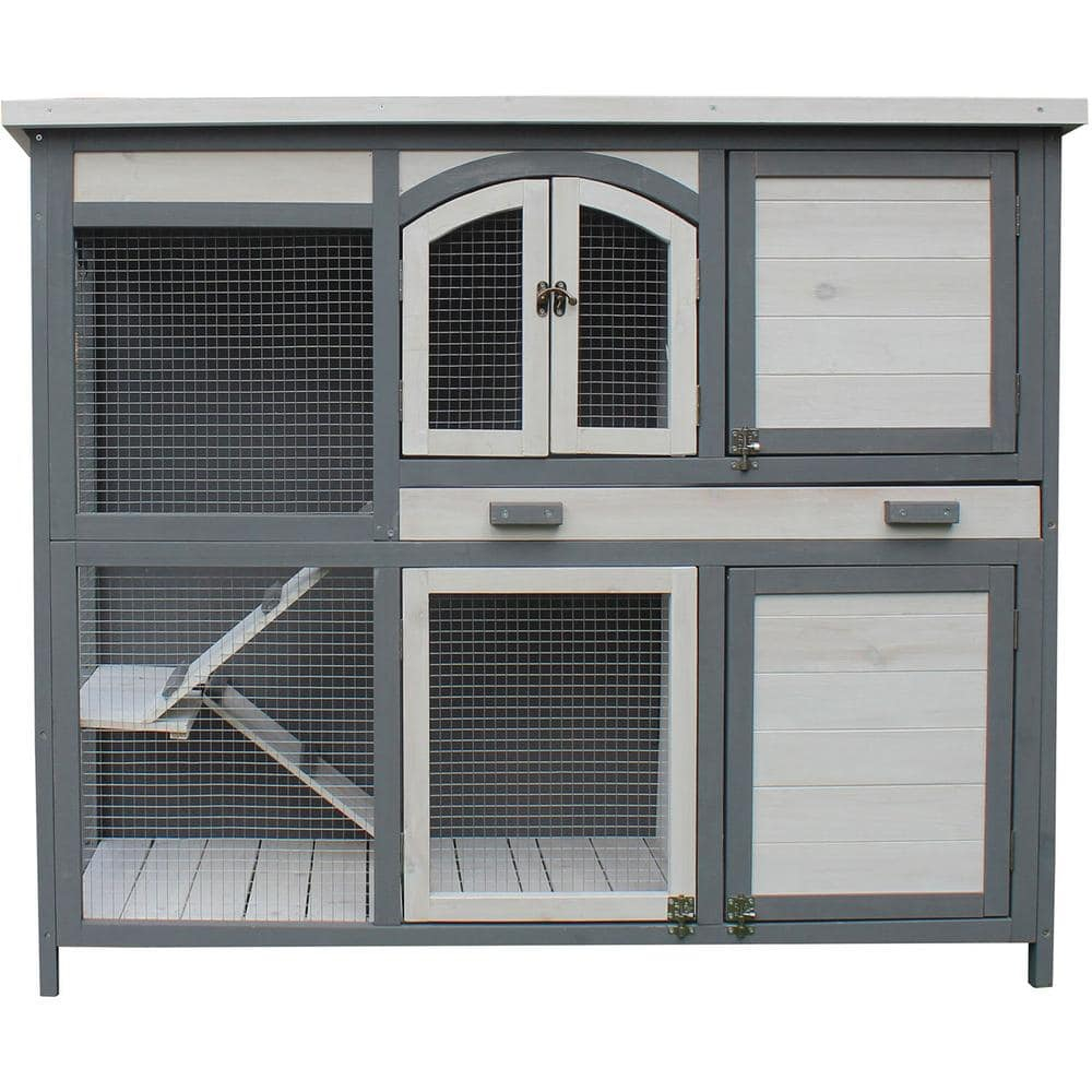 Hanover Outdoor Wooden 2-Story Rabbit Hutch with 2 Ramps, Wire Mesh Run and Removable Tray 4 Ft. W x 1.6 Ft. D x 3.4 Ft. H