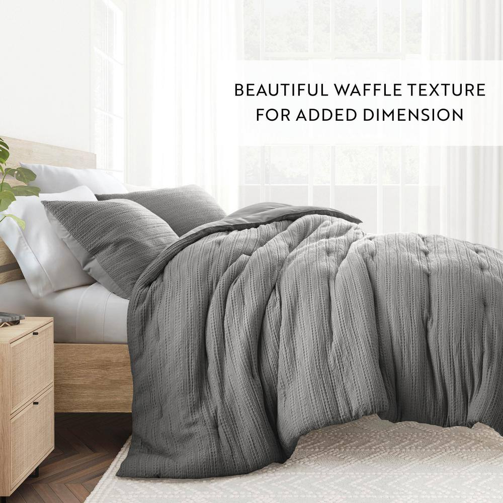 Noble Linens 2 Piece Fog Gray Waffle Textured All Season Down-Alternative Comforter Set, Twin/Twin XL