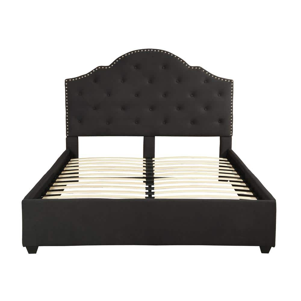 Noble House Allyssa Contemporary Fabric Button-Tufted Upholstered Queen Bed Frame with Nailhead Accents, Black
