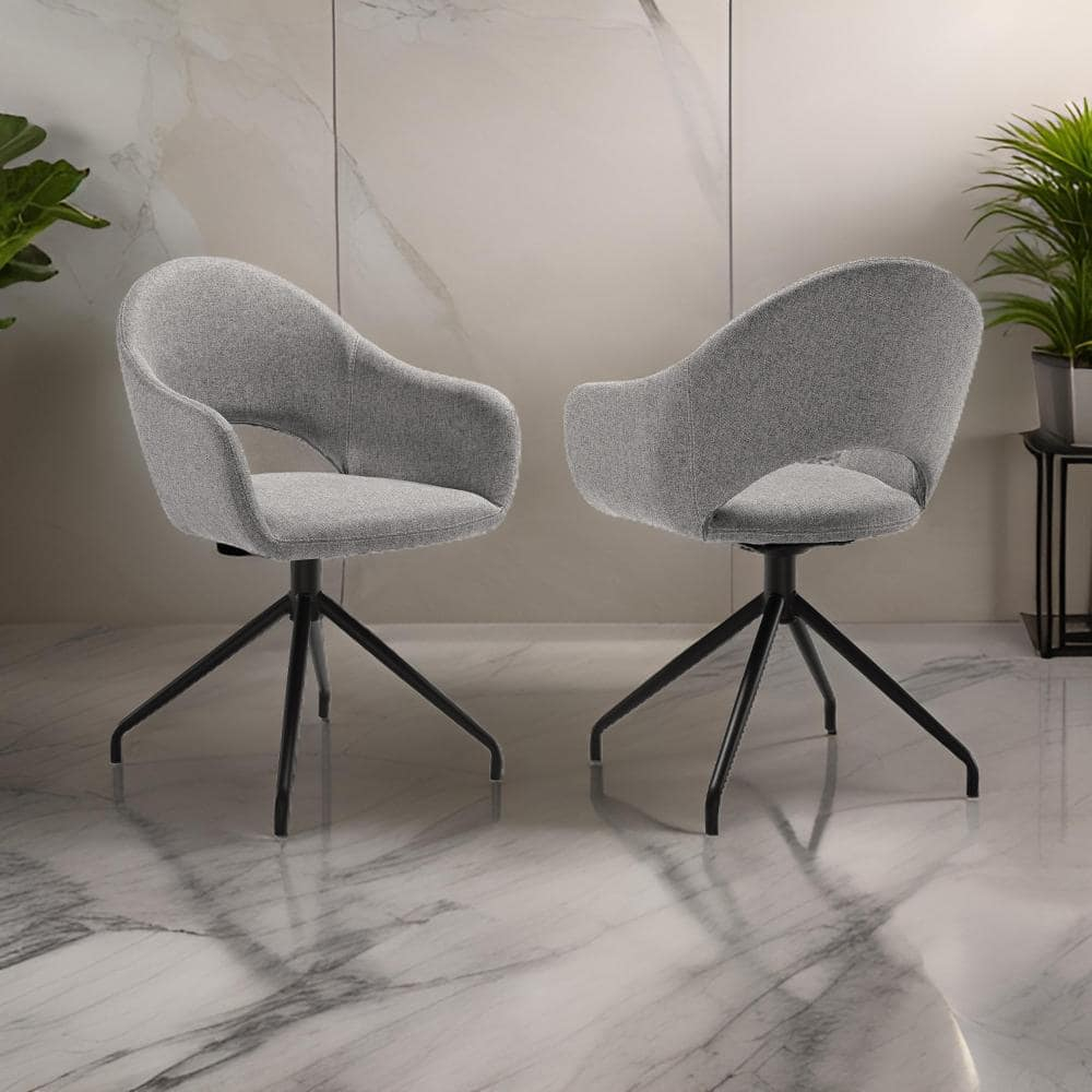 Homestock Tribal Treasures Swivel Upholstered Dining Chair in Gray Fabric with Black Metal Legs - Set of 2