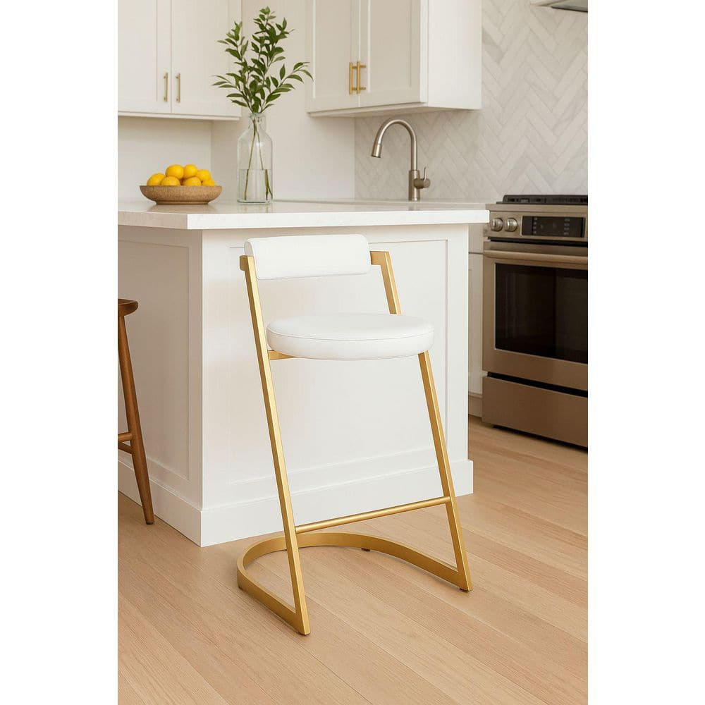 Modrest Shandra White Faux Leather & Gold Counter Stool