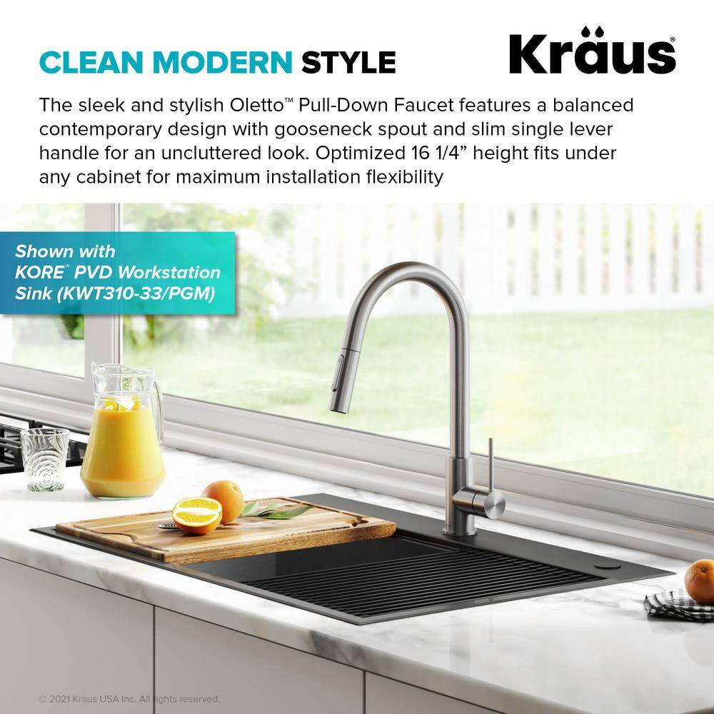 KRAUS Oletto Contemporary Pull-Down Single Handle Kitchen Faucet in Spot Free Stainless Steel, KPF-3104SFS