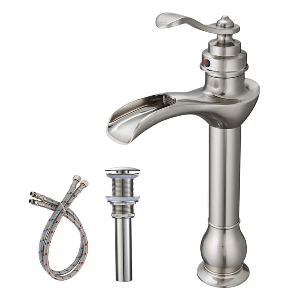 Waterfall Bathroom Faucet Brushed Nickel GGStudy Single Handle One Hole Tally Body Farmhouse Bathroom Vessel Sink Faucet Matching with Pop Up Drain