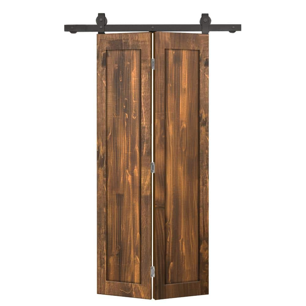26 in. x 80 in. 1 Panel Shaker Hollow Core Walnut Pine Wood Bi-Fold Door with Sliding Barn Door Hardware Kit