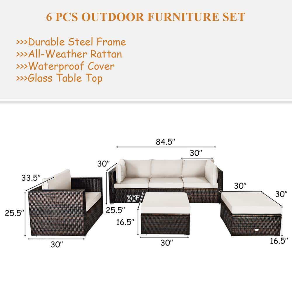 Patiojoy 6PCS Rattan Patio Furniture Set Cushioned Sofa Chair Ottoman White